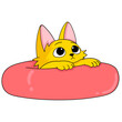 A yellow kitten is swimming with a tire in stagnant water