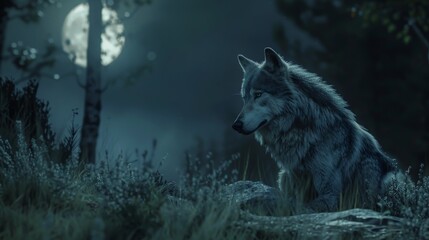  a solitary grey wolf, its fur shimmering with shades of silver and grey under the soft glow of the moonlight
