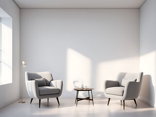  Modern minimal interior with two armchair on empty white color wall background  with copy space