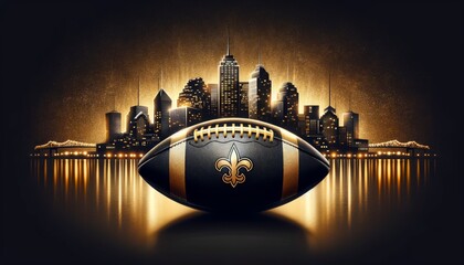 New Orleans Cityscape and Fleur-de-Lis Football Reflection on Water with Golden Lights at Night