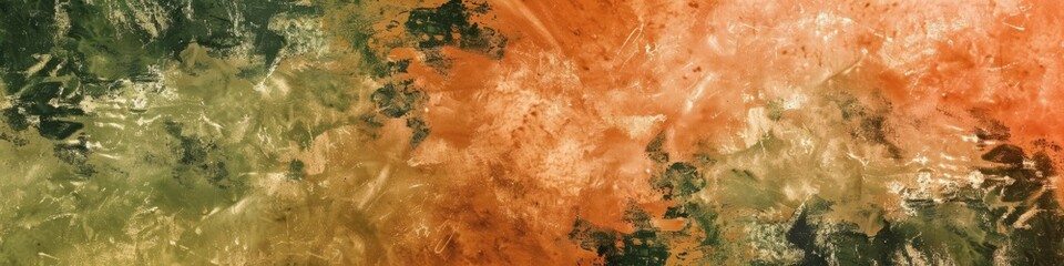 Wall Mural - Detailed view of a wall with textured brushstrokes in vibrant orange and green colors. Banner.