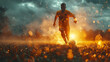 © Handz - football or soccer player running fast and kicking a ball while training at dramatic stadium shot. Generative Ai