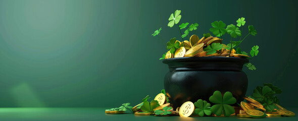 Wall Mural - St Patrick's Day banner with pot of gold and shamrock leaves on green background, blank space for text or message. Shiny cauldron filled with golden coins, falling clover leaf, traditional Irish celeb