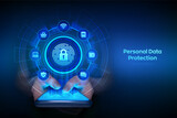 Fototapeta Młodzieżowe - Personal Data protection business concept on virtual screen. Cyber Security. Fingerprint with padlock icon. Private secure and safety. Smartphone in hands. Using smartphone. Vector illustration.