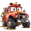 Determined potato controls oversized cartoon fire truck in comical isolated race on transparent background