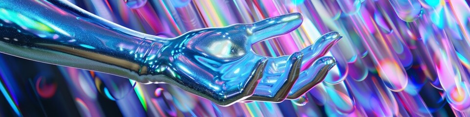 Shiny silver hand projection with a colorful, abstract background signifies advanced fashion technology, hologram. Banner.