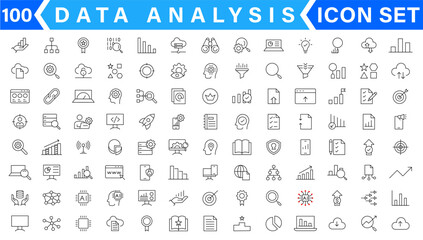 Poster - Data analysis line icons set. Analytics, server, mining, data filter, traffic, AI, hosting, monitoring. Statistics and analytics outline icons collection