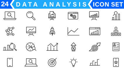 Poster - Data analysis thin line icon set. Data processing outline pictograms for website and mobile app GUI. Digital analytics simple UI, UX vector icons