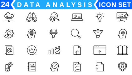 Poster - Data analysis line icons set. Analytics, server, mining, data filter, traffic, AI, hosting, monitoring. Statistics and analytics outline icons collection