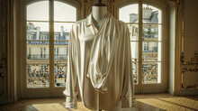 A Luxurious, Silk Blank Mockup Shirt Draped Elegantly On A Vintage Mannequin In A Classic Parisian Apartment. 32k, Full Ultra Hd, High Resolution