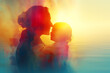 Woman cradles child under sunset sky, sharing moment of happiness and warmth