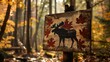 Blank mockup of autumninspired campground welcome sign with leaves and a moose silhouette .