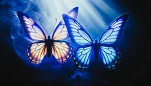 Two Butterflys Flying Side By Side On Blue Light Background At Night