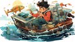 Child and Ship: A Cartoon Illustration of a Kid Playing with a Boat in the Sea