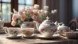  A photorealistic depiction of a wooden dining table adorned with a flower-filled tea pot as the central focus. The scene should capture the intricate details of the tea pot, showcasing delicate flowe
