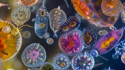 Wall Mural - A colorful array of different species of rotifers each with distinct shapes and patterns on their bodies coexisting in a drop of pond