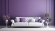 A soft white sofa contrasting beautifully against a regal violet wall, adding a touch of elegance to the room. 