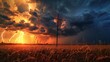 A dramatic sky with multiple lightning strikes illuminates the scene. The lightning bolts are bright and jagged, contrasting against the dark storm clouds. Below, a field with tall, dry grasses stretc