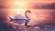 A serene image of a swan gliding gently on a calm body of water during what appears to be sunset. The swan is mostly white with a long neck and an orange beak with a black area at the base. The water 