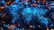 The illuminated digital map of the world is engraved on a dark printed circuit board. Innovative PC. Generative AI