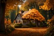 A charming cottage surrounded by trees, their leaves announcing the arrival of autumn.