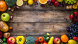 fresh vegetables and fruits on wooden board with blank space