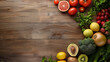 fresh vegetables and fruits on wooden board with blank space for design decoration