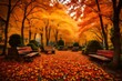 A secret garden, where autumn leaves carpet the ground in a riot of colors.