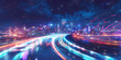 A digital background features a city skyline at night, with light trails representing fast cars on the highway, symbolizing speed and technology, set against a dark blue sky with stars.