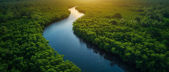 Wall Mural - An aerial view of a mangrove forest in shallow water presents a tropical landscape with green trees, a wide river with sunlight, and a peaceful nature scene.