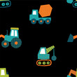 Cute little cars, truck. Cartoon cars adventures. Flat vector seamless pattern