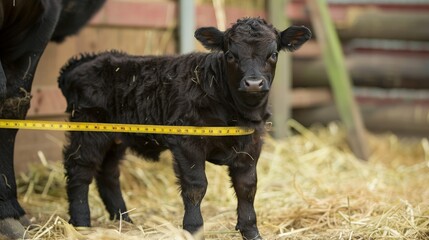 Poster - a completely black Angus calf being measured with a tape measure at its normal height