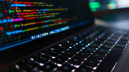 Poster - close up of software code on laptop, modern technology software development background 