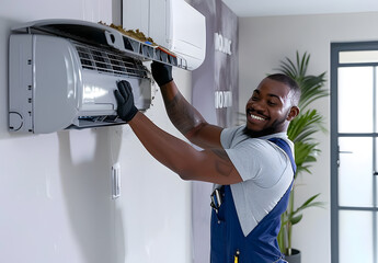 Wall Mural - Male technician repairs an air conditioner indoors.