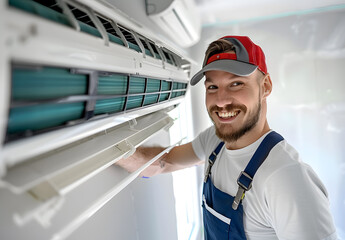 Wall Mural - Male technician repairs an air conditioner indoors.