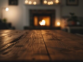 Sticker - Wooden table with fireplace in background