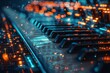 Close up shot of piano keys with bright abstract light 