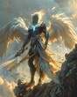 Angelic Mutant Creature with Glowing Aura and Detailed Feathered Wings Standing on Dramatic Rocky Cliff in Epic Fantasy Setting