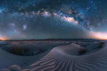 A sweeping panorama of rolling sand dunes under a starry night sky, the Milky Way visible