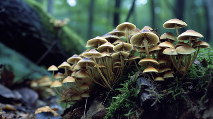 Experience the mesmerizing detail and vibrant colors of the forest's interconnected network of mushrooms, immortalized with Canon EOS 5DS R. AI generative.