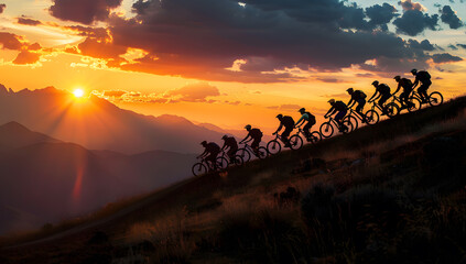 Wall Mural - Mountain Bikers on Rocky Ridge at Dusk