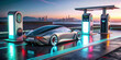 futuristic car charging station with charging station and charging station on the road, futuristic car concept