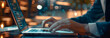 © NaLan - Man Typing Keyboard Laptop Hand.Project Manager Researching Process.Business Team Working Startup modern Office.Global Strategy Virtual Icon.Innovation Graphs Interfaces.Analyze market stock.Blurred.
