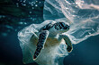 Dive into the depths of the ocean and confront the harsh truth of plastic pollution with this dramatic underwater photograph, showcasing a baby turtle trapped in a plastic bag. AI generative.