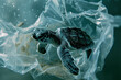 Experience the urgency of environmental conservation with this high-detail image of a baby turtle struggling in a plastic bag underwater. AI generative.
