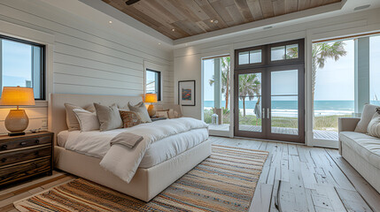 Wall Mural - Bedroom - Beach house - wrm white with stained wood trim - meticulous symmetry - coastal design - casual flair - windows