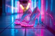 Un par de modernas zapatillas con tacones altos con un moño y luces led color rosa en un ambiente glamuroso con luces neon rosa y azul. Moda, calzado, imagen con espacio para copiar