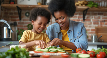 Wall Mural - A black woman with short hair and her son, aged around eight years old, were making sandwiches in the kitchen of their home 