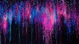 Vibrant pink and blue droplets cascade down a black background resembling an electrifying waterfall.