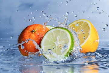 Wall Mural - Fresh Citrus Fruit Splashing in Water Against a Soft Blue Background